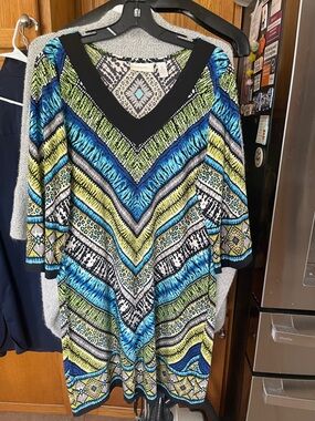 Chico’s Women’s Dress Large 2 3/4 sleeve Blue Green V Neck